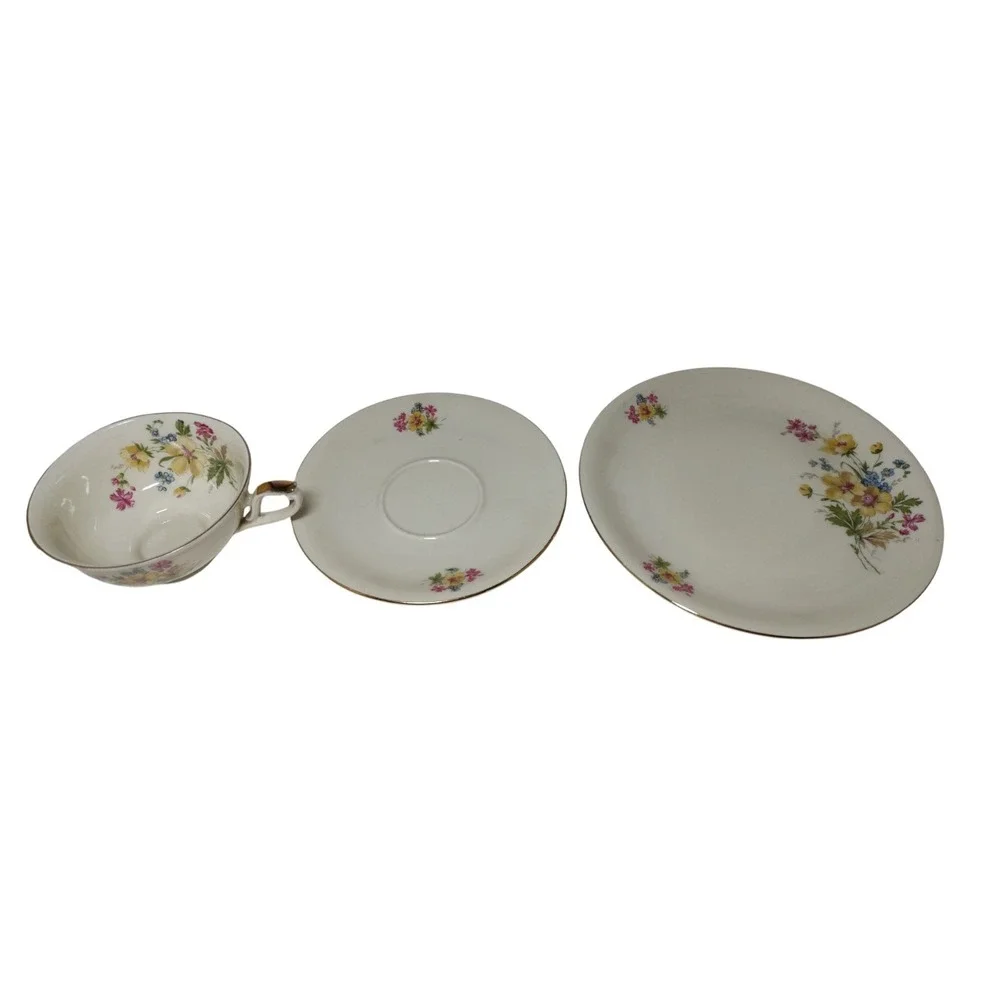 Vintage Bavaria Teacup Saucer Dessert Plate Set Floral Gold Trim Set of‎ Three